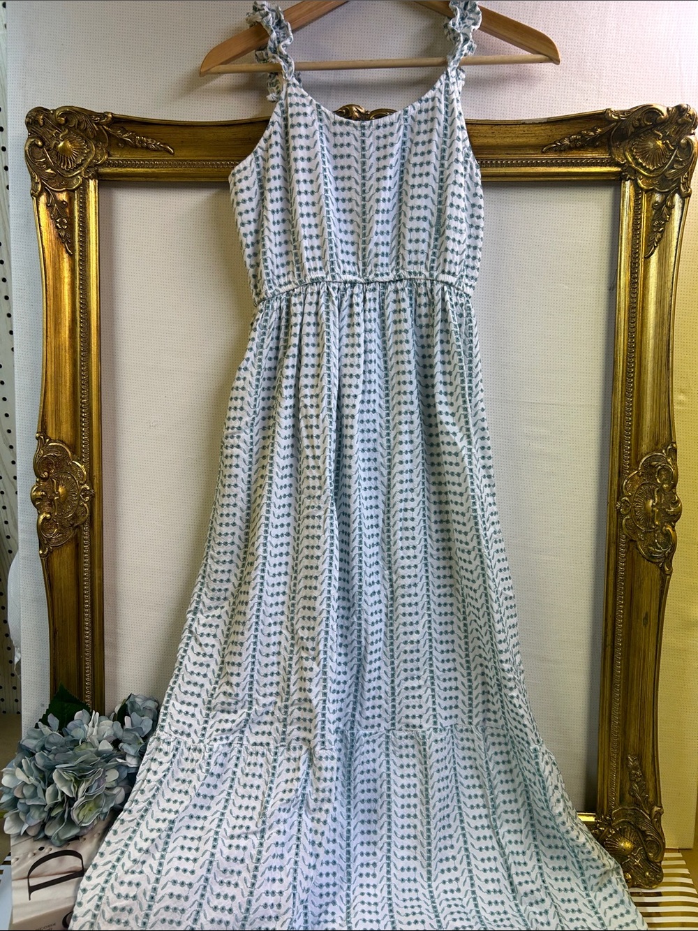 Jessica Simpson White and Light Blue Printed Ruffle Strap Rayon Sundress | S